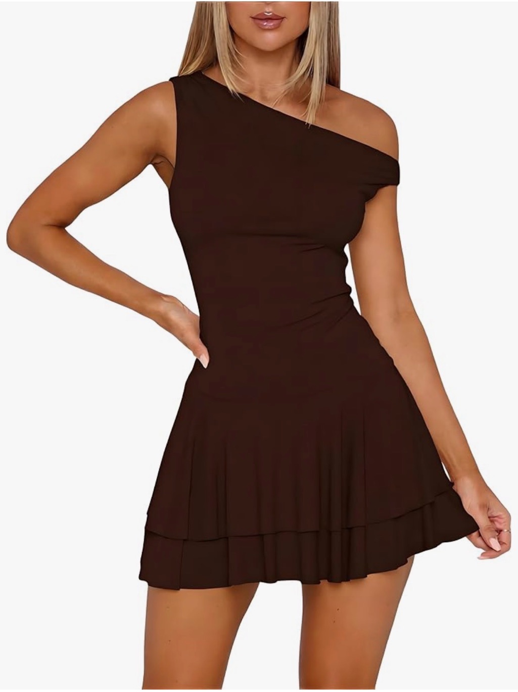 Amazon One-Shoulder Dark Brown Tiered Mini Dress